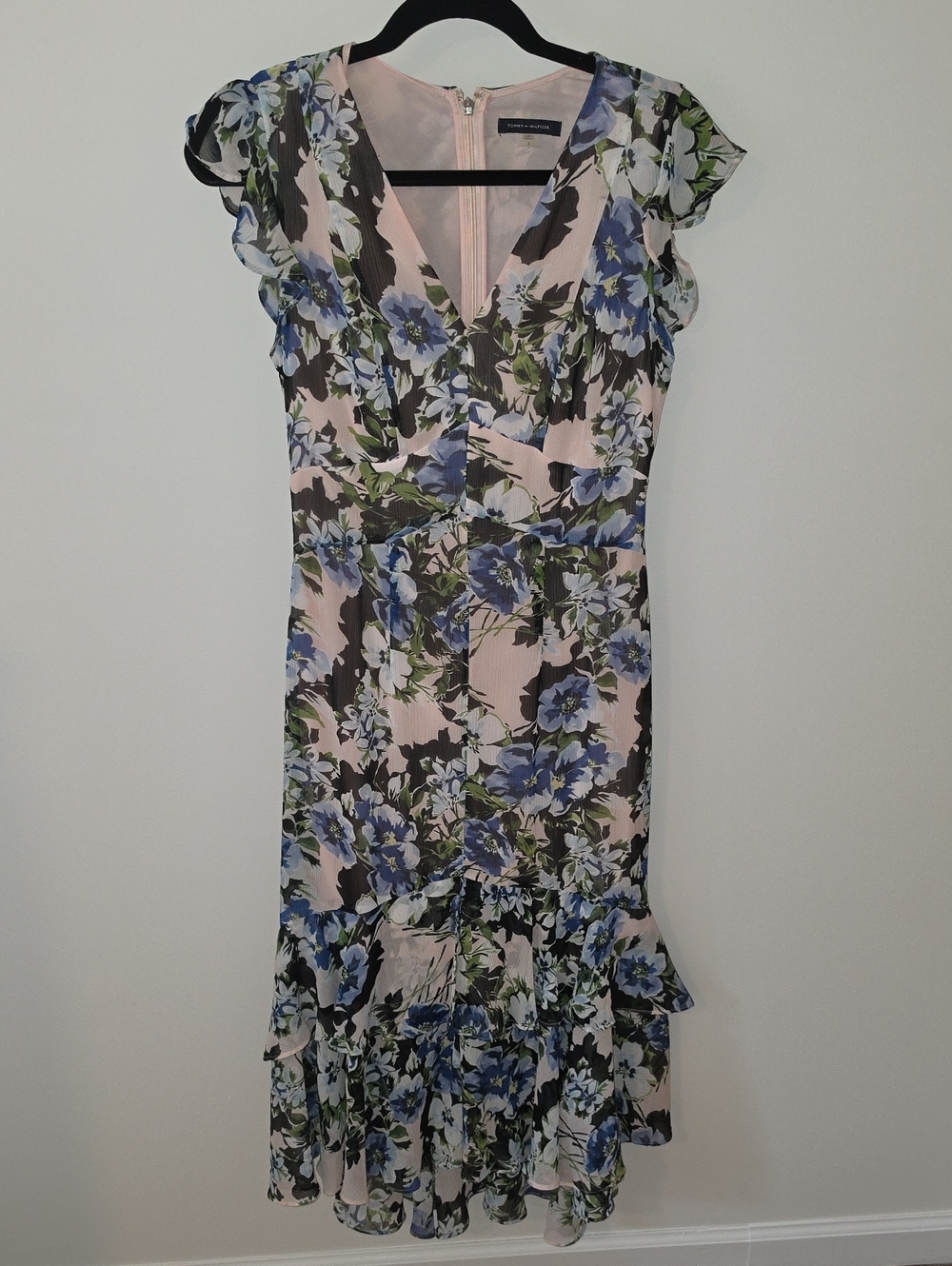 Tommy Hilfiger Pink Floral Midi Dress with Blue Flowers